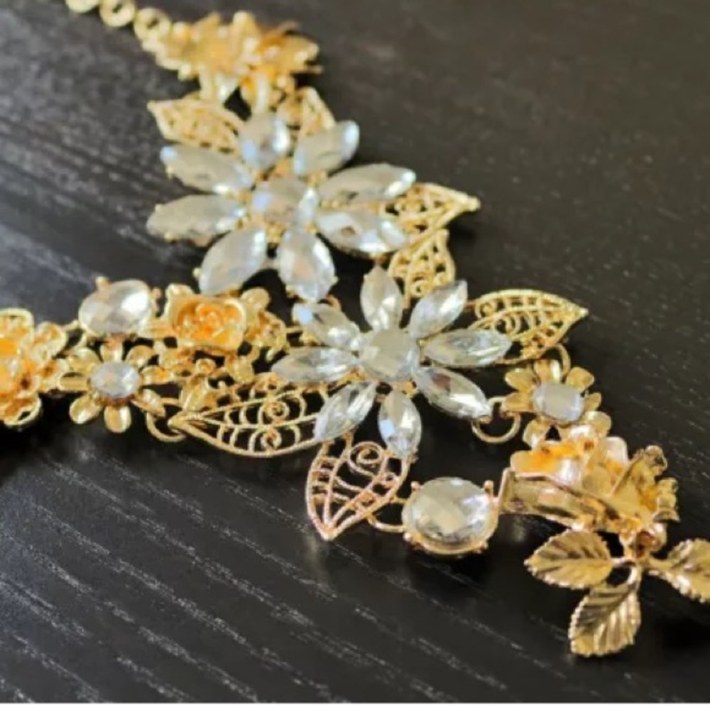 Gold Floral Crystal Statement Necklace - Women Jewelry Necklaces